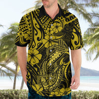 Yellow and black Hawaiian shirt with fish hook and hibiscus; button-up collar