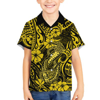 Yellow and black Hawaiian shirt with fish hook, hibiscus flowers, and button-up collar