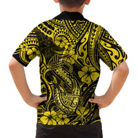 Yellow and black Hawaiian shirt with fish hook and hibiscus on back; button-up collar