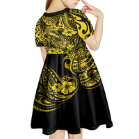 Hawaii Fish Hook Kid Short Sleeve Dress Hibiscus Hawaii Tribal Tattoo Yellow Version - Wonder Print Shop