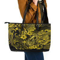 Hawaii Fish Hook Leather Tote Bag Hibiscus Hawaii Tribal Tattoo Yellow Version - Wonder Print Shop