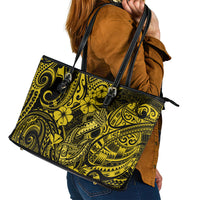 Hawaii Fish Hook Leather Tote Bag Hibiscus Hawaii Tribal Tattoo Yellow Version - Wonder Print Shop
