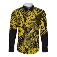 Hawaii Fish Hook Long Sleeve Button Shirt Hibiscus Hawaii Tribal Tattoo Yellow Version - Wonder Print Shop