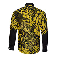 Hawaii Fish Hook Long Sleeve Button Shirt Hibiscus Hawaii Tribal Tattoo Yellow Version - Wonder Print Shop