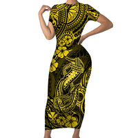 Hawaii Fish Hook Short Sleeve Bodycon Dress Hibiscus Hawaii Tribal Tattoo Yellow Version - Wonder Print Shop