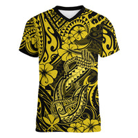 Hawaii Fish Hook Women V Neck T Shirt Hibiscus Hawaii Tribal Tattoo Yellow Version - Wonder Print Shop
