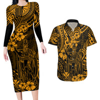 Hawaii King Kamehameha Couples Matching Long Sleeve Bodycon Dress and Hawaiian Shirt Polynesian Pattern Gold Version - Wonder Print Shop