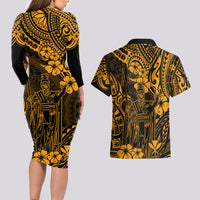 Hawaii King Kamehameha Couples Matching Long Sleeve Bodycon Dress and Hawaiian Shirt Polynesian Pattern Gold Version - Wonder Print Shop