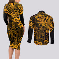 Hawaii King Kamehameha Couples Matching Long Sleeve Bodycon Dress and Long Sleeve Button Shirts Polynesian Pattern Gold Version - Wonder Print Shop