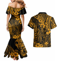 Hawaii King Kamehameha Couples Matching Mermaid Dress and Hawaiian Shirt Polynesian Pattern Gold Version - Wonder Print Shop