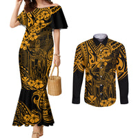 hawaii-king-kamehameha-couples-matching-mermaid-dress-and-long-sleeve-button-shirts-polynesian-pattern-gold-version