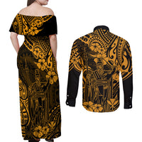 Hawaii King Kamehameha Couples Matching Off Shoulder Maxi Dress and Long Sleeve Button Shirts Polynesian Pattern Gold Version - Wonder Print Shop
