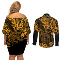 Hawaii King Kamehameha Couples Matching Off Shoulder Short Dress and Long Sleeve Button Shirts Polynesian Pattern Gold Version - Wonder Print Shop