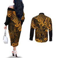 hawaii-king-kamehameha-couples-matching-off-the-shoulder-long-sleeve-dress-and-long-sleeve-button-shirts-polynesian-pattern-gold-version