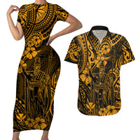 Hawaii King Kamehameha Couples Matching Short Sleeve Bodycon Dress and Hawaiian Shirt Polynesian Pattern Gold Version - Wonder Print Shop
