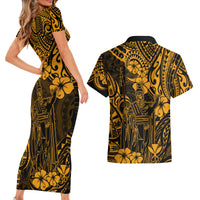 Hawaii King Kamehameha Couples Matching Short Sleeve Bodycon Dress and Hawaiian Shirt Polynesian Pattern Gold Version - Wonder Print Shop