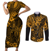 Hawaii King Kamehameha Couples Matching Short Sleeve Bodycon Dress and Long Sleeve Button Shirts Polynesian Pattern Gold Version - Wonder Print Shop