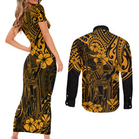 Hawaii King Kamehameha Couples Matching Short Sleeve Bodycon Dress and Long Sleeve Button Shirts Polynesian Pattern Gold Version - Wonder Print Shop