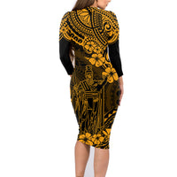 Hawaii King Kamehameha Family Matching Long Sleeve Bodycon Dress and Hawaiian Shirt Polynesian Pattern Gold Version - Wonder Print Shop