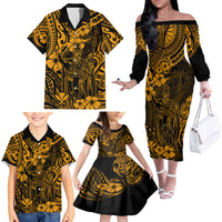 Hawaii King Kamehameha Family Matching Off Shoulder Long Sleeve Dress and Hawaiian Shirt Polynesian Pattern Gold Version - Wonder Print Shop
