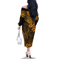 Hawaii King Kamehameha Family Matching Off Shoulder Long Sleeve Dress and Hawaiian Shirt Polynesian Pattern Gold Version - Wonder Print Shop