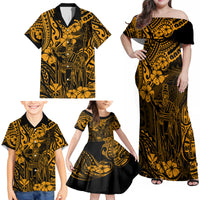 Hawaii King Kamehameha Family Matching Off Shoulder Maxi Dress and Hawaiian Shirt Polynesian Pattern Gold Version - Wonder Print Shop