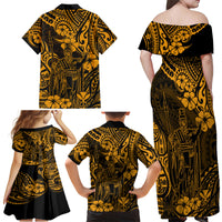 Hawaii King Kamehameha Family Matching Off Shoulder Maxi Dress and Hawaiian Shirt Polynesian Pattern Gold Version - Wonder Print Shop