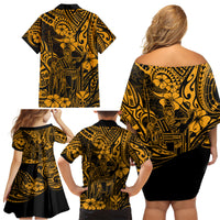 Hawaii King Kamehameha Family Matching Off Shoulder Short Dress and Hawaiian Shirt Polynesian Pattern Gold Version - Wonder Print Shop