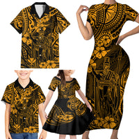 Hawaii King Kamehameha Family Matching Short Sleeve Bodycon Dress and Hawaiian Shirt Polynesian Pattern Gold Version - Wonder Print Shop