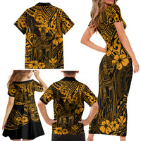 Hawaii King Kamehameha Family Matching Short Sleeve Bodycon Dress and Hawaiian Shirt Polynesian Pattern Gold Version - Wonder Print Shop