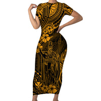 Hawaii King Kamehameha Family Matching Short Sleeve Bodycon Dress and Hawaiian Shirt Polynesian Pattern Gold Version - Wonder Print Shop