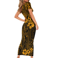Hawaii King Kamehameha Family Matching Short Sleeve Bodycon Dress and Hawaiian Shirt Polynesian Pattern Gold Version - Wonder Print Shop