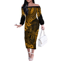 Hawaii King Kamehameha Off The Shoulder Long Sleeve Dress Polynesian Pattern Gold Version - Wonder Print Shop