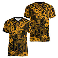 Hawaii King Kamehameha Women V Neck T Shirt Polynesian Pattern Gold Version - Wonder Print Shop
