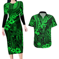 Hawaii King Kamehameha Couples Matching Long Sleeve Bodycon Dress and Hawaiian Shirt Polynesian Pattern Green Version - Wonder Print Shop