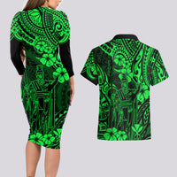 Hawaii King Kamehameha Couples Matching Long Sleeve Bodycon Dress and Hawaiian Shirt Polynesian Pattern Green Version - Wonder Print Shop