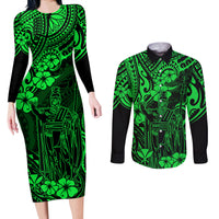 Hawaii King Kamehameha Couples Matching Long Sleeve Bodycon Dress and Long Sleeve Button Shirts Polynesian Pattern Green Version - Wonder Print Shop