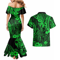 Hawaii King Kamehameha Couples Matching Mermaid Dress and Hawaiian Shirt Polynesian Pattern Green Version - Wonder Print Shop
