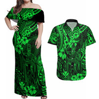 Hawaii King Kamehameha Couples Matching Off Shoulder Maxi Dress and Hawaiian Shirt Polynesian Pattern Green Version - Wonder Print Shop