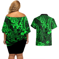 Off-shoulder short dress and Hawaiian shirt set, green polynesian print from back