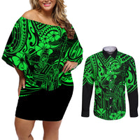 Hawaii King Kamehameha Couples Matching Off Shoulder Short Dress and Long Sleeve Button Shirts Polynesian Pattern Green Version - Wonder Print Shop