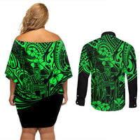 Hawaii King Kamehameha Couples Matching Off Shoulder Short Dress and Long Sleeve Button Shirts Polynesian Pattern Green Version - Wonder Print Shop