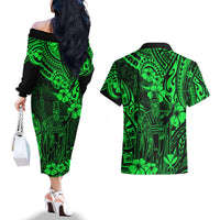 Hawaii King Kamehameha Couples Matching Off The Shoulder Long Sleeve Dress and Hawaiian Shirt Polynesian Pattern Green Version - Wonder Print Shop