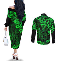 hawaii-king-kamehameha-couples-matching-off-the-shoulder-long-sleeve-dress-and-long-sleeve-button-shirts-polynesian-pattern-green-version