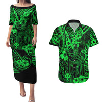Hawaii King Kamehameha Couples Matching Puletasi Dress and Hawaiian Shirt Polynesian Pattern Green Version - Wonder Print Shop