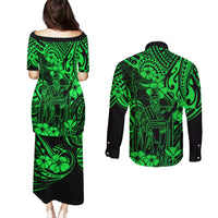 Hawaii King Kamehameha Couples Matching Puletasi Dress and Long Sleeve Button Shirts Polynesian Pattern Green Version - Wonder Print Shop