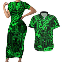 Hawaii King Kamehameha Couples Matching Short Sleeve Bodycon Dress and Hawaiian Shirt Polynesian Pattern Green Version - Wonder Print Shop