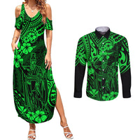 Hawaii King Kamehameha Couples Matching Summer Maxi Dress and Long Sleeve Button Shirts Polynesian Pattern Green Version - Wonder Print Shop