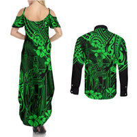 Hawaii King Kamehameha Couples Matching Summer Maxi Dress and Long Sleeve Button Shirts Polynesian Pattern Green Version - Wonder Print Shop