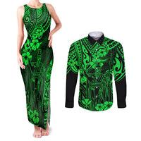 Hawaii King Kamehameha Couples Matching Tank Maxi Dress and Long Sleeve Button Shirts Polynesian Pattern Green Version - Wonder Print Shop